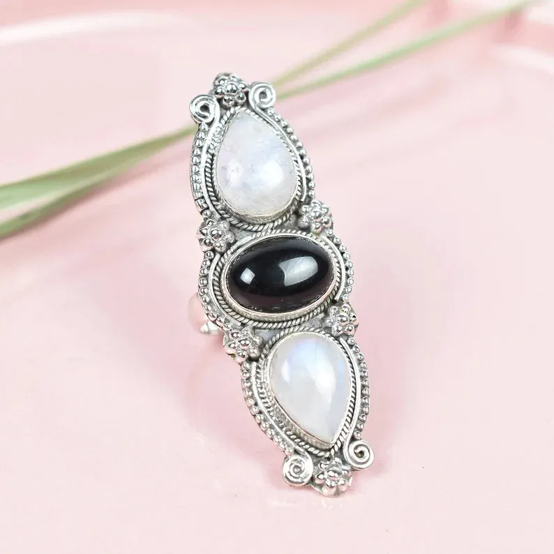 Vintage Three tone Black Onyx & Rainbow Moonstone Cocktail Ring - 925 Sterling Silver Native American Rings