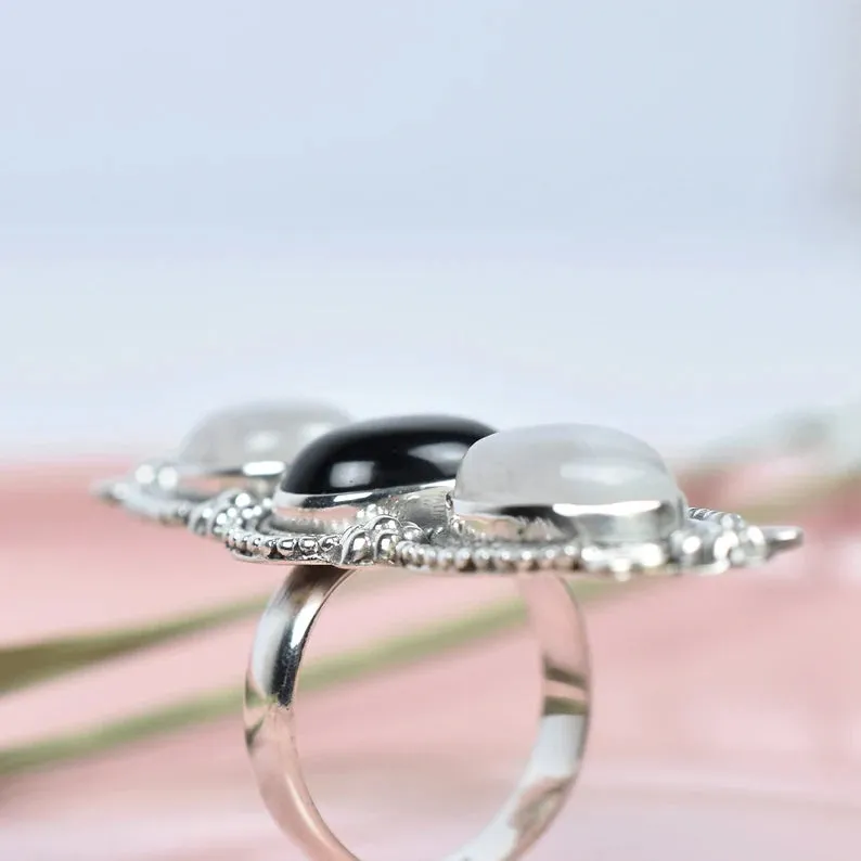 Vintage Three tone Black Onyx & Rainbow Moonstone Cocktail Ring - 925 Sterling Silver Native American Rings