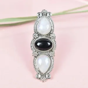 Vintage Three tone Black Onyx & Rainbow Moonstone Cocktail Ring - 925 Sterling Silver Native American Rings