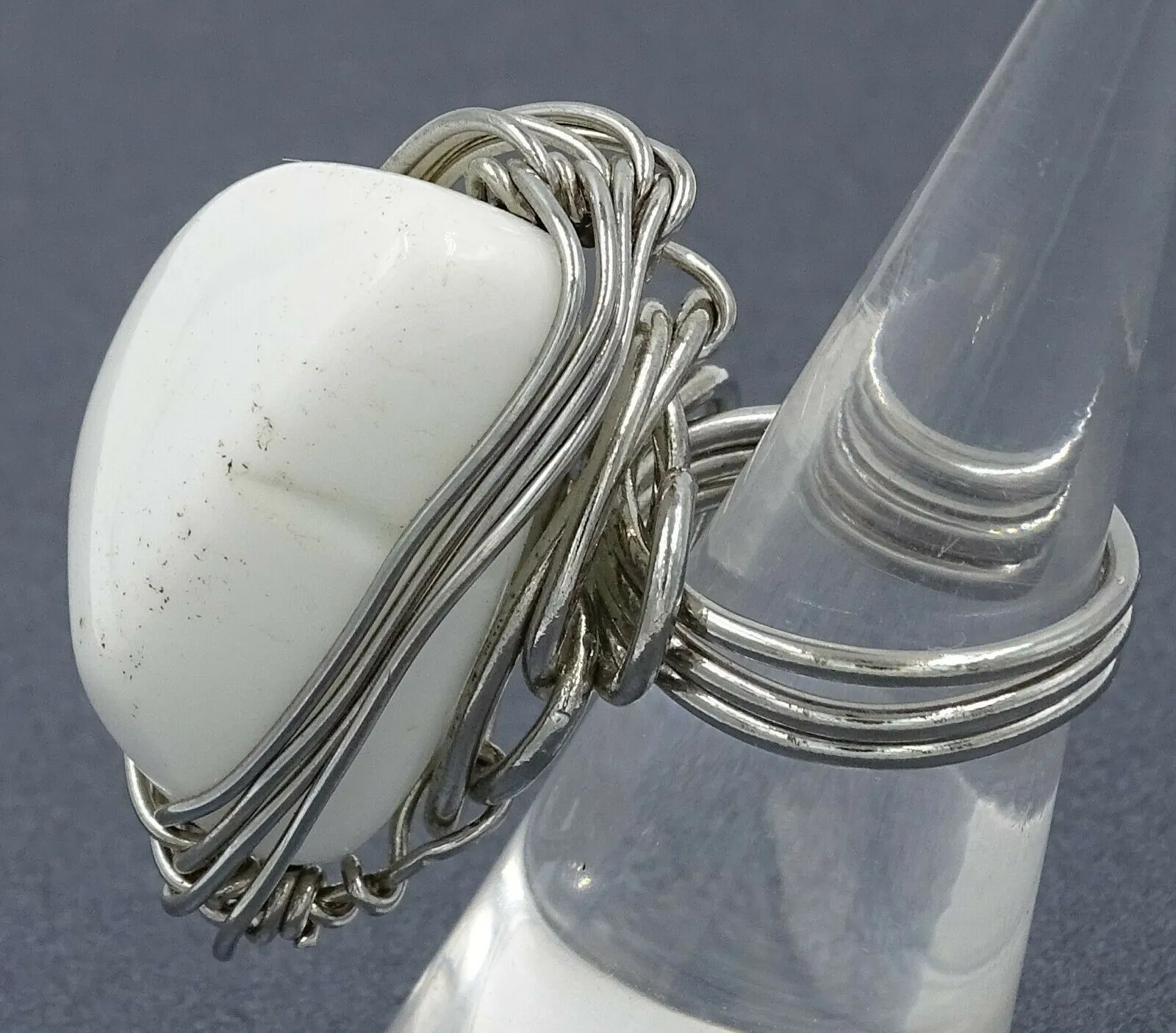 White Howlite Silver Wire Woven Design Ring