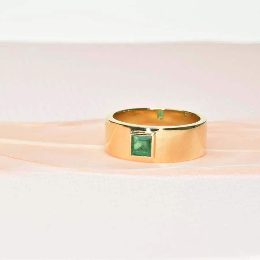 Wide Band Ring with Princess Cut Emerald