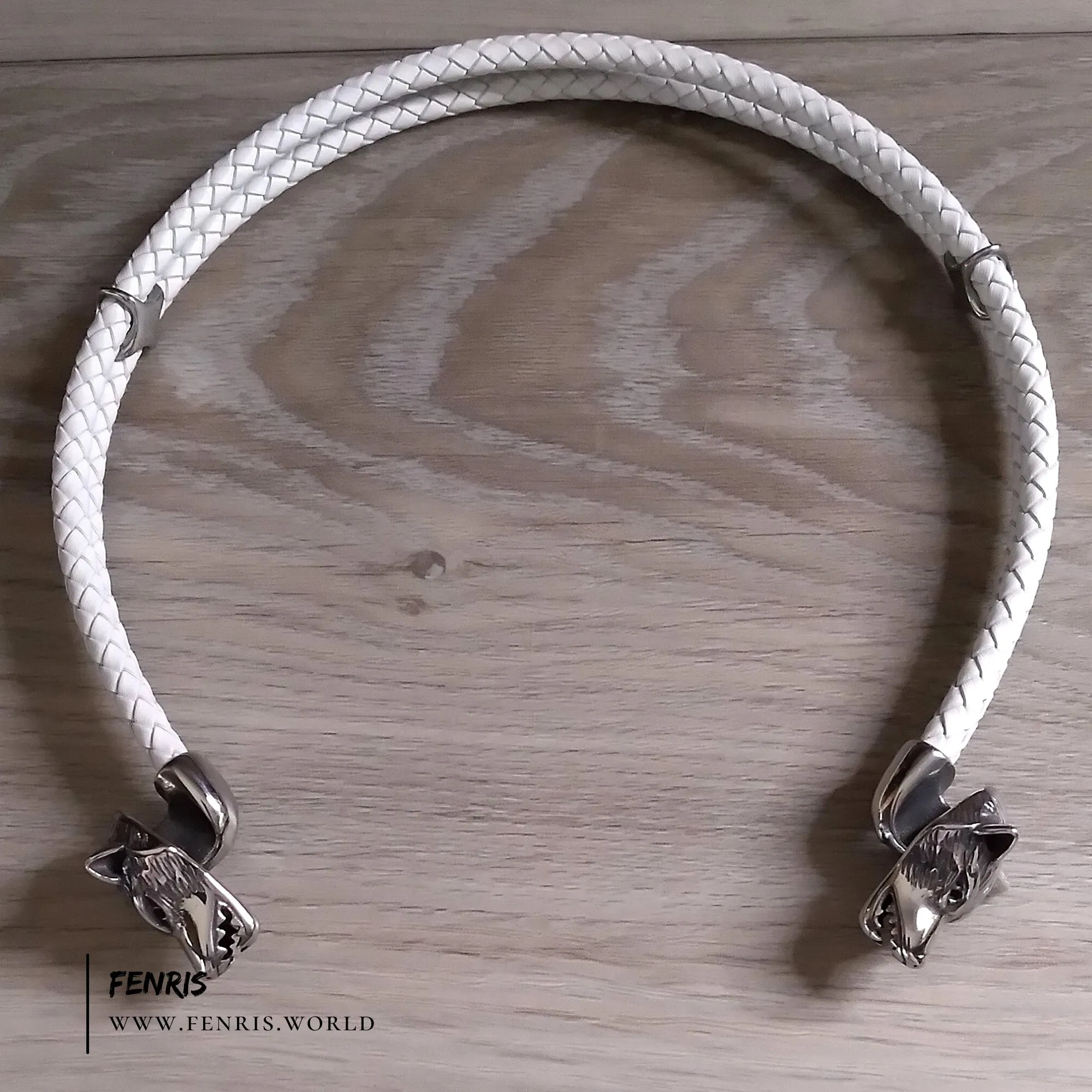 Wolf Torc Silver White Leather Double Band | Fenris