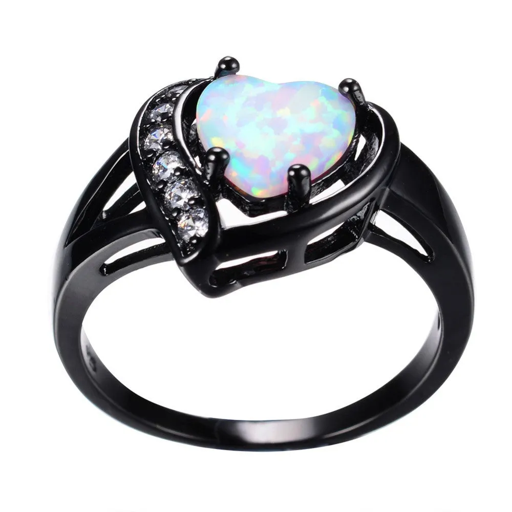 Women White Fire Opal Heart Ring With AAA Zircon Black Gold Ring Promise Engagement Rings Bridal Fashion Jewelry