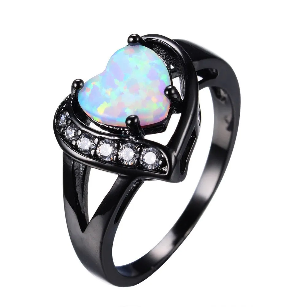 Women White Fire Opal Heart Ring With AAA Zircon Black Gold Ring Promise Engagement Rings Bridal Fashion Jewelry