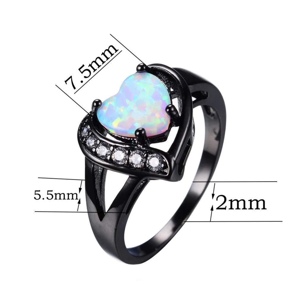 Women White Fire Opal Heart Ring With AAA Zircon Black Gold Ring Promise Engagement Rings Bridal Fashion Jewelry