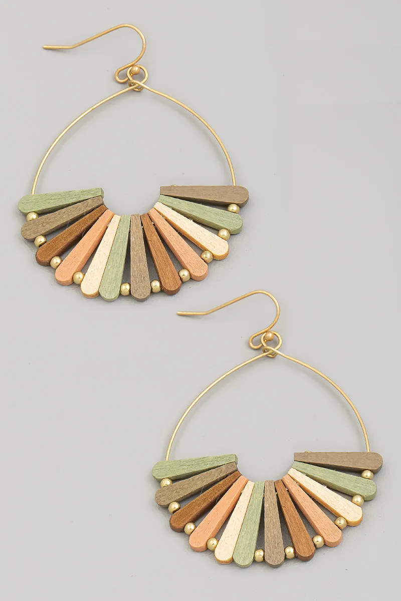 Wooden Fan Teardrop Fish Hook Earrings in Multi/Gold